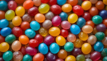 Obraz premium Vibrant and colorful jelly beans close-up, showcasing a variety of bright hues including red, blue, yellow, green, and orange, perfect for food, candy, or dessert themes.