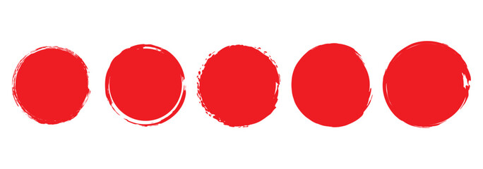 Set of red grunge circles shapes on a white background. Paint brush stamp collection. Vector brush circle. Grunge round shape.