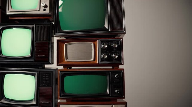 nostalgic 4K video showing stack old analog televisions glowing green screens sepia tone evoking vintage video broadcast vibes retro technology tory home
