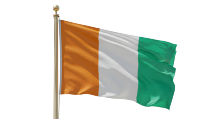 A vibrant flag of Ireland waving in the wind, showcasing its orange, white, and green colors against a clear blue sky
