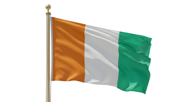 A vibrant flag of Ireland waving in the wind, showcasing its orange, white, and green colors against a clear blue sky