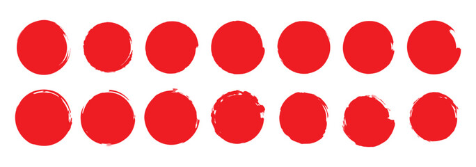 Grunge circles brush set. red circle frames. Round line of red paint. Grunge round shapes. Circular ink brush stroke fro design elements. Vector illustration.