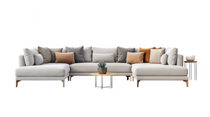Luxurious modern sectional sofa with multiple decorative pillows and a small side table isolated on transparent background