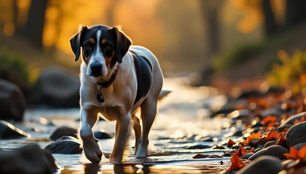 Coonhound walking confidently near a creek