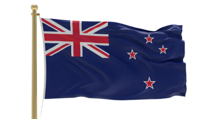 A vibrant New Zealand flag waving against a clear blue sky, symbolizing national pride and identity in a serene landscape