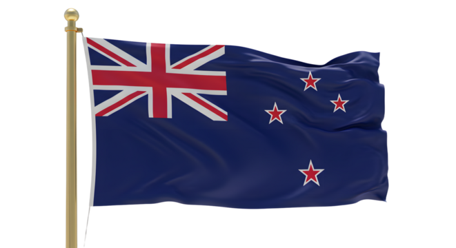 A vibrant New Zealand flag waving against a clear blue sky, symbolizing national pride and identity in a serene landscape - Powered by Adobe