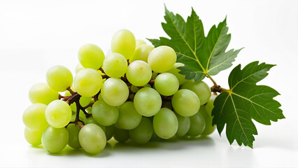 A cluster of fresh, juicy green grapes with attached leaves isolated on a white background. Suitable for food, nutrition, healthy eating, and fruit-related concepts in advertising or editorial use.
