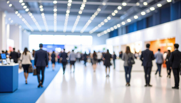 Blurred view of people walking in a convention center or trade fair.