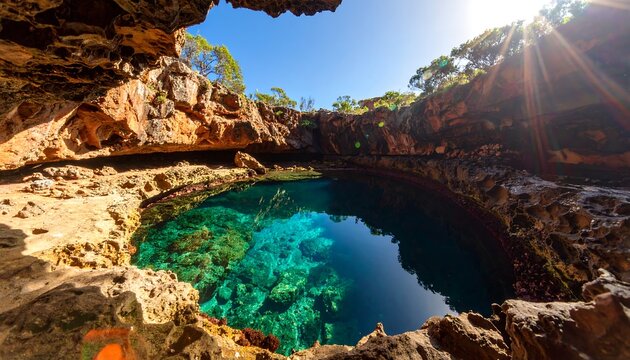 Cave Pool with Clear Turquoise Water and Rock Formations - Powered by Adobe