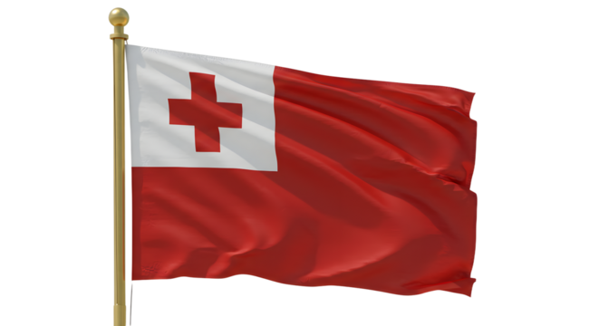 A vibrant red flag with a white cross waving in the wind, symbolizing national pride and identity against a clear blue sky