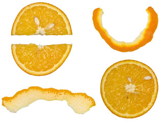 Orange slices and peels, isolated  background. Assorted citrus fruit pieces showing vibrant color, texture, and freshness. For culinary designs, food packaging