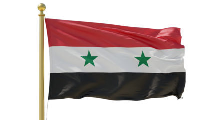 A waving flag of Syria with vibrant colors, symbolizing national pride, set against a clear blue sky