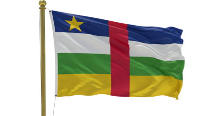 Central African Republic flag waving proudly, showcasing vibrant colors and symbols, with a clear blue sky backdrop
