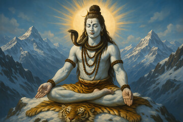 Fototapeta premium Lord Shiva Meditating on Snowy Himalayan Peaks with Radiant Halo
