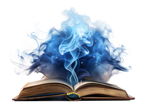   magic book with blue magical smoke isolated on white background PNG, AI GENERATED
