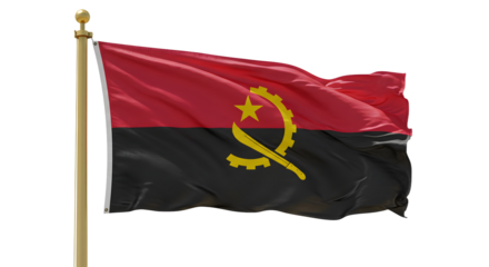 Flag of Angola waving in the wind, showcasing national colors and symbols against a clear blue sky