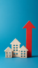 Wooden houses with upward red arrow building architecture