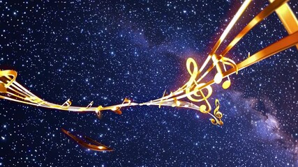 Dynamic video concept of golden musical notes flowing through a starry night sky, captured from a low-angle perspective, creating a sense of movement. Live desktop wallpaper.