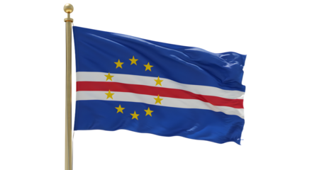 Flag of Cape Verde waving against a clear sky, symbolizing national pride and unity, with a backdrop of serene landscapes
