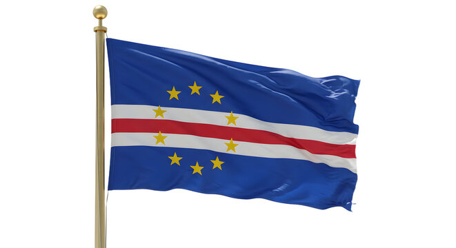 Flag of Cape Verde waving against a clear sky, symbolizing national pride and unity, with a backdrop of serene landscapes