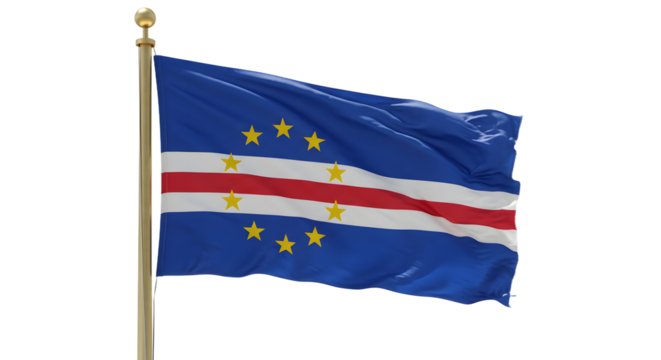 Flag of Cape Verde waving against a clear sky, symbolizing national pride and unity, with a backdrop of serene landscapes