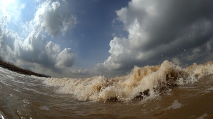 Wide-angle view of a churning river