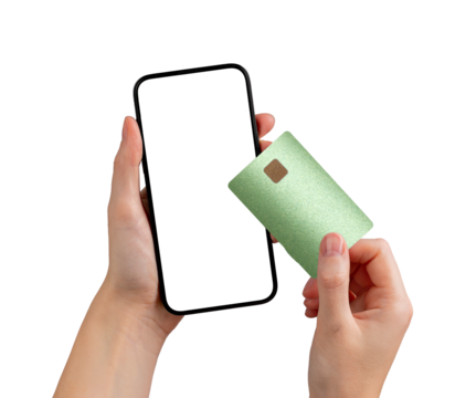 Service app on phone screen. Card and hand shown in ecommerce setting, digital finance use,