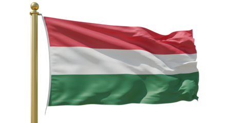 Hungarian flag waving in the breeze, showcasing vibrant red, white, and green stripes against a clear blue sky