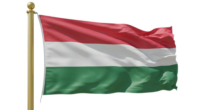 Hungarian flag waving in the breeze, showcasing vibrant red, white, and green stripes against a clear blue sky