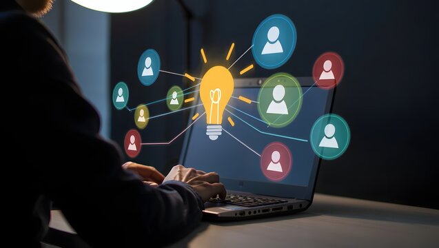 Knowledge sharing and management. Discussion forums for project management within team collaboration platform. Businessman using laptop computer for messaging team.