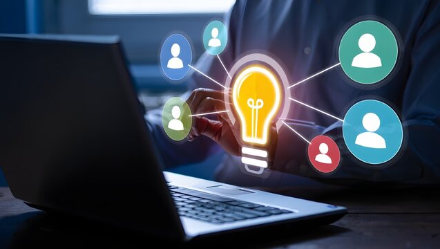 Knowledge sharing and management. Discussion forums for project management within team collaboration platform. Businessman using laptop computer for messaging team.