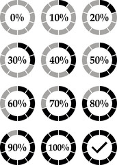 collection of 12 circular progress indicators, each segmented into ten parts. 