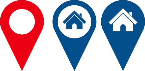 location pin icons. The first is a plain red marker, the second and third are blue markers containing house icons, home 