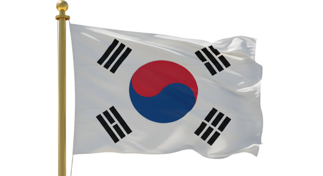 South Korean flag waving in the wind, showcasing vibrant colors against a clear blue sky, symbolizing national pride