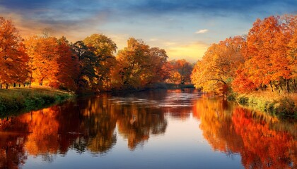 Fototapeta premium in autumn the river reflects the brilliant orange tones of the foliage