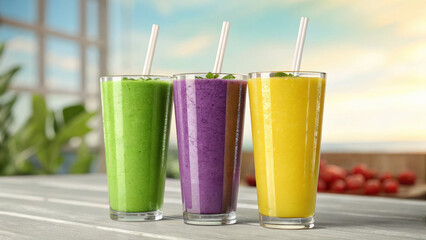 Three colorful smoothies in tall glasses with straws on wooden table, fresh and healthy drinks with green, purple, and yellow vibrant colors in bright natural light