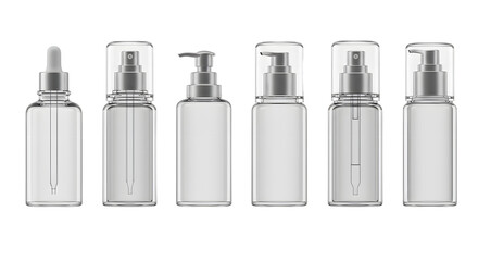 A collection of six transparent cosmetic bottles with various dispensing mechanisms against a white background