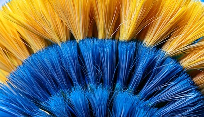 a close up captures the vibrant texture and detail of a cleaning implement showcasing blue and yellow bristles creating a visually striking and colorful abstraction for backgrounds