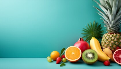vibrant tropical fruits scattered against a turquoise backdrop create a refreshing summer vibe