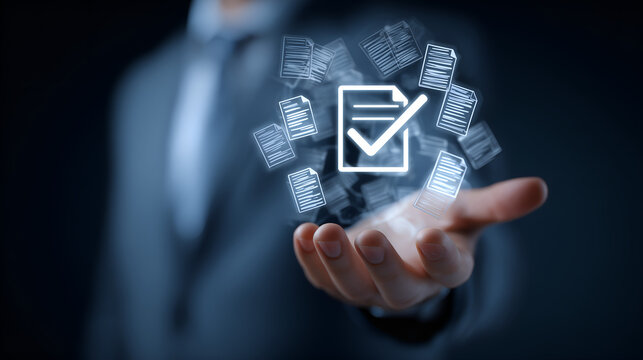 Digital Validation: A person in professional attire presents a holographic validation symbol surrounded by documents, representing the core of digital verification.