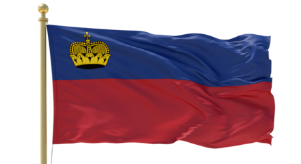 Vibrant flag of Liechtenstein waving gracefully against a clear blue sky, symbolizing national pride and identity