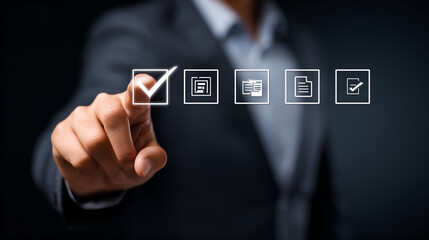 Business Checkmark Selection: A person in a suit selects a checkmark, signifying choices and success on a technological interface, in a moment of decisiveness.