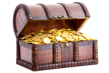 Wooden treasure chest overflowing with gold coins isolated on a transparent background.png