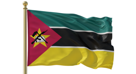 Vibrant flag of Mozambique waving against a clear blue sky, symbolizing national pride and unity in a peaceful setting