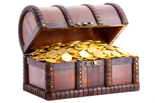 Wooden treasure chest overflowing with gold coins isolated on a transparent background.png
