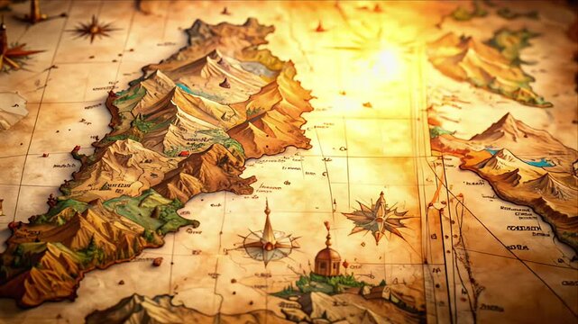 A detailed, ancient parchment map showing a detailed landscape