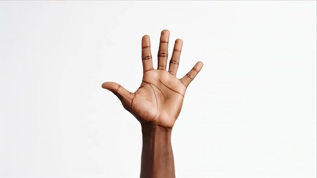 A dark-skinned hand facing up, fingers spread against a white background