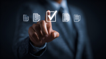 Document Selection: A person, wearing a suit, delicately interacts with virtual documents, indicating a key task.