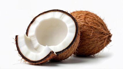 Whole and sliced coconut fruit isolated on a white background. Suitable for food, nutrition, tropical, and healthy eating concepts in isolated product presentations.