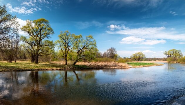 beautiful spring landscape trees on the banks of the pekhorka river in balashikha in april